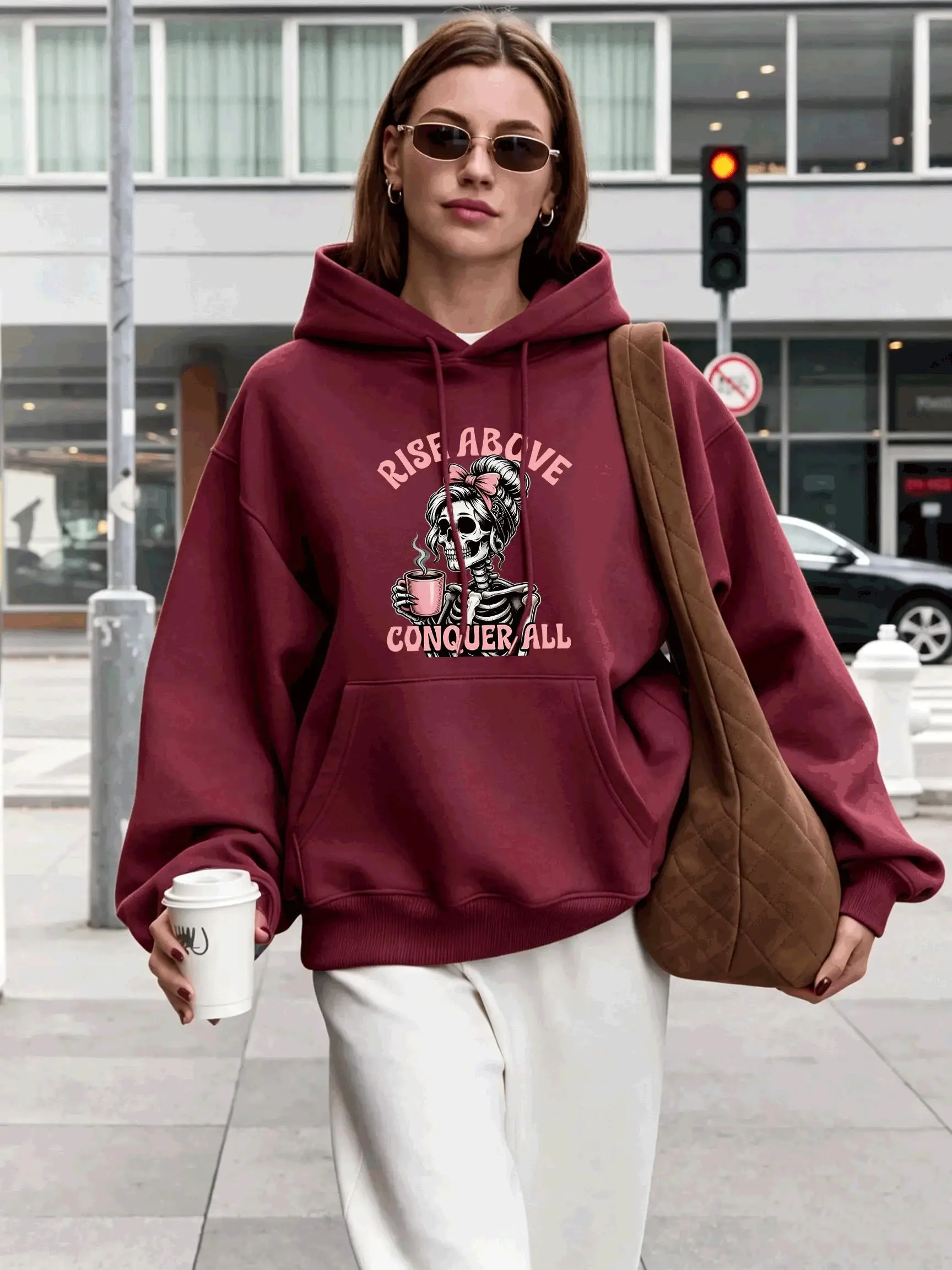 Rise Above Coffe Pink Skulls Pattern Hoodies Women Korean Fleece Hoody Pocket Y2K Comfortable Hoodie Autumn Loose Pullover