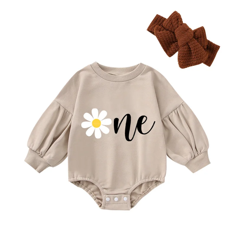 Baby Sweatshirt Bodysuits Boy Girl Bubble Sleeve Bonjour Sweatshirt Romper with Headband Cute Fall Clothes Outfit