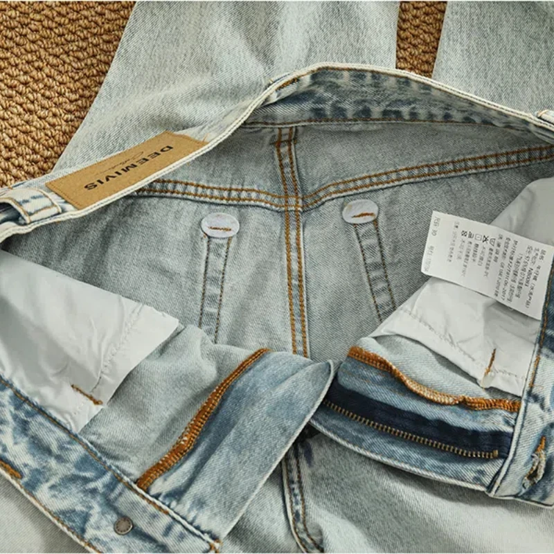 Celana Denim Bay Wash Retro Biru Muda Tren High Street Pria Tren Jeans Vintage Musim Panas Baru Robek