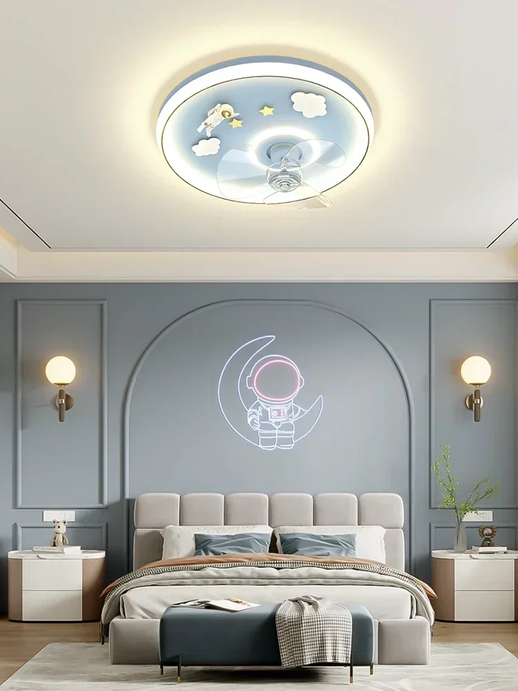 Children's room fan lights Nordic warm bedroom invisible silent fan lights boys and girls room astronaut ceiling lights.