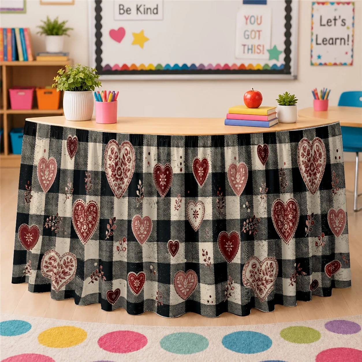 Table skirt / heart-shaped / check pattern / retro / romantic / Valentine's Day / spring