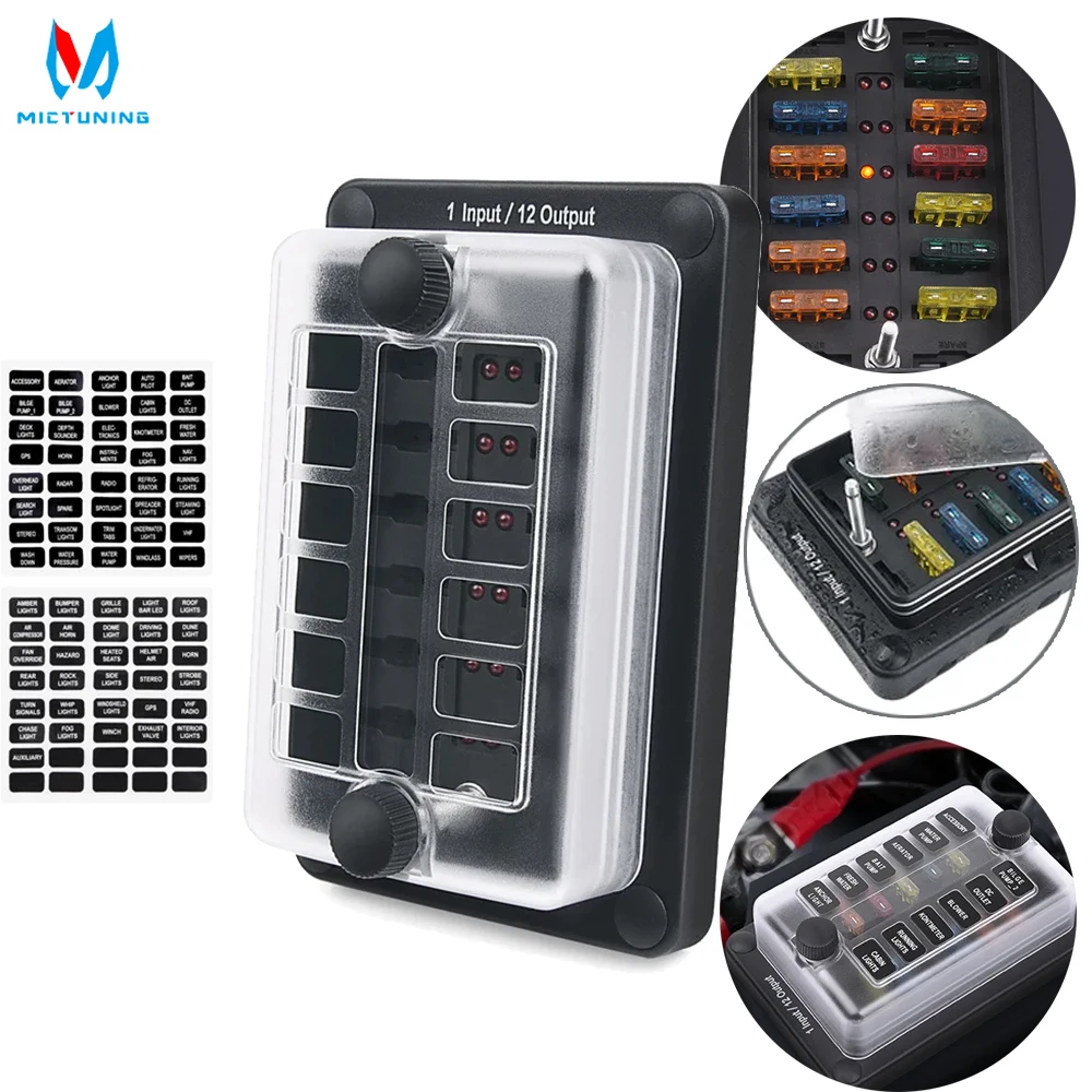 MICTUNING Waterproof Fuse Box 1 Inputs and 12 Outputs 12 Way Blade Fuse Block Holder with Plastic Cover Protection Cover Sticker