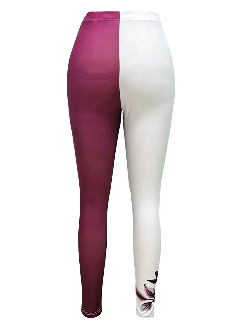 Patchwork floral print tight stretch elastic waist casual leggings for women