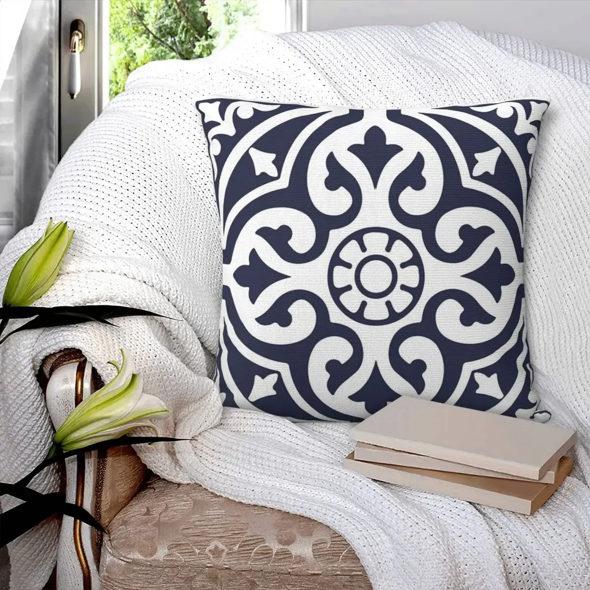 Hamptons Blue And White Moroccan Talavera Tile Pillowcase Cushion Comfort Throw Pillow Sofa Decorative Cushions Used for Home