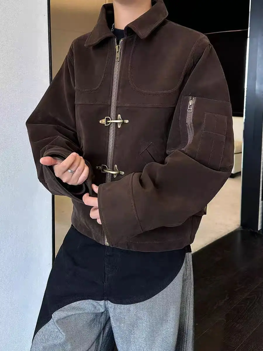 

American Brown Patchwork Suede Fabric Jacket Men's Retro Vintage Autumn And Winter New Korean Style High Street Casual Jackets