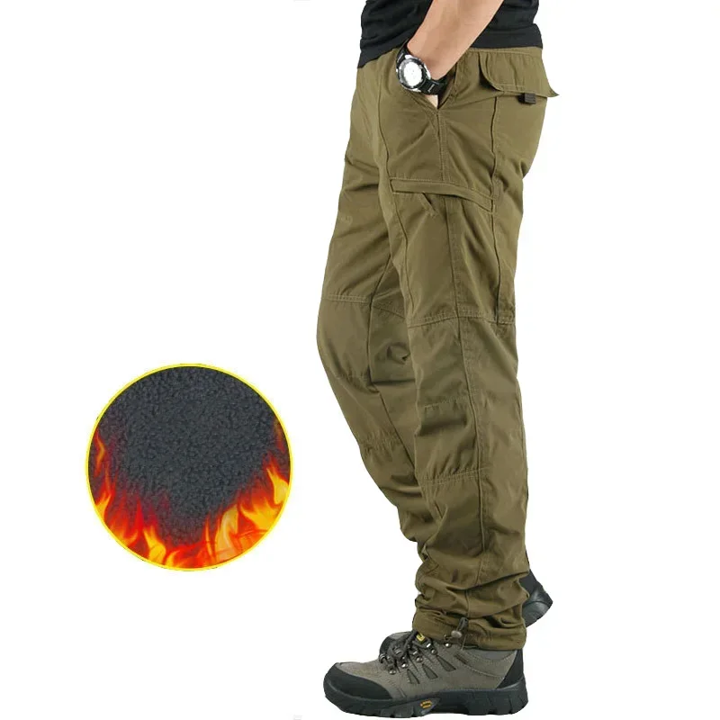 2024 Winter Multi Pockets Mens Cargo Pants Double Layer Thick Fleece Warm Tactical Outwear Cotton Casual Baggy Trousers PAM23