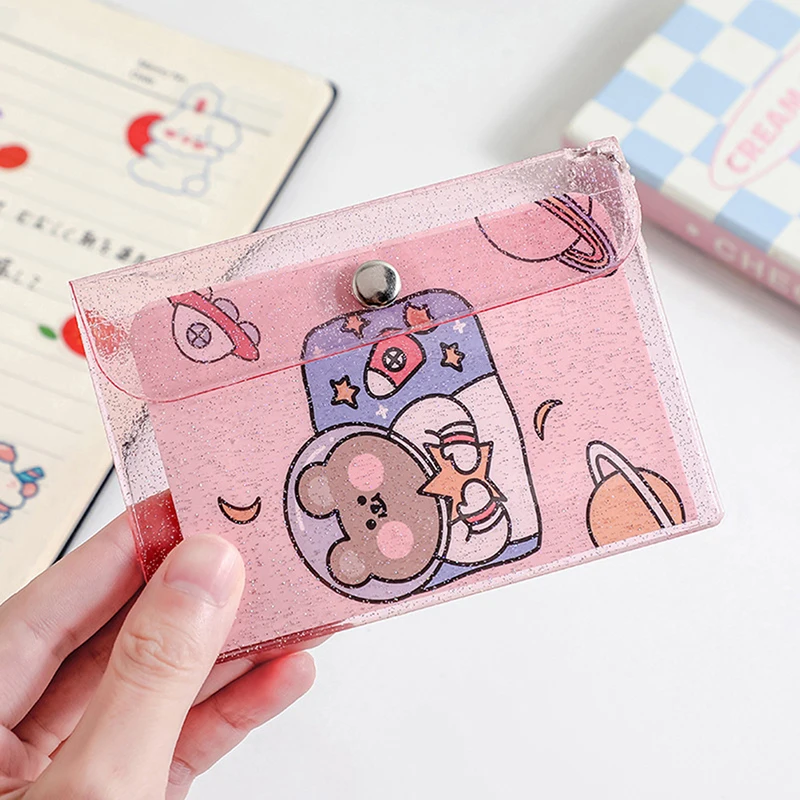 1PCS Transparent PVC Coin Purse With Keyring For Girls Cute Small Wallet ID Card Holder Business Card Purse