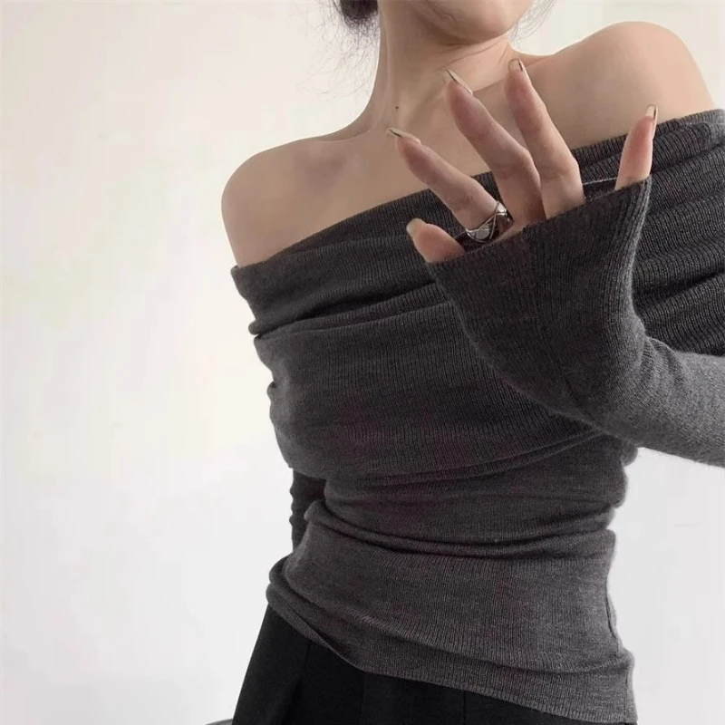 Pullovers Women Solid Off-shoulder Swinging Collar Long Sleeve Knittedwear Slim Chic Sexy Fashion Korean Style Basic Tops Retro