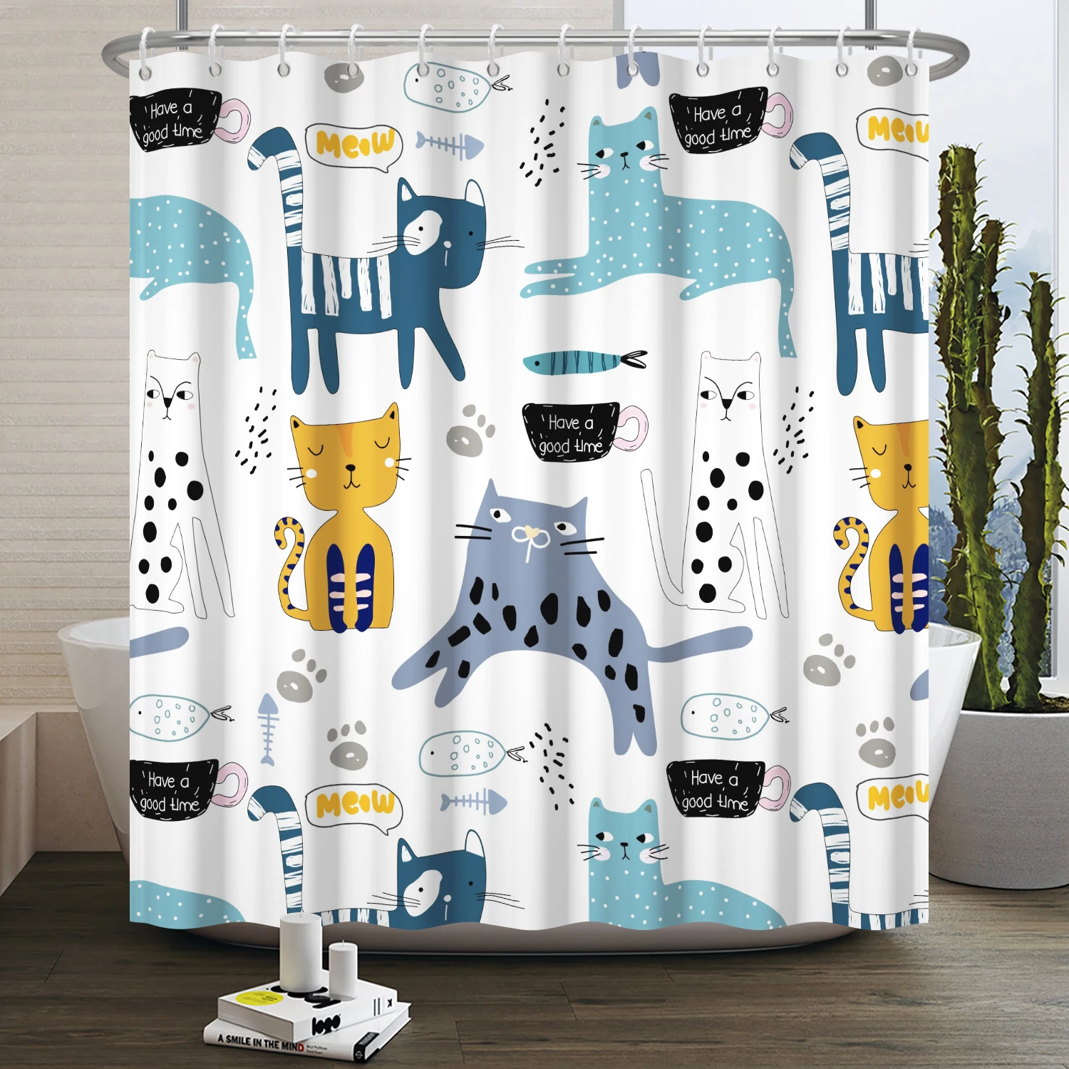 Cartoon Cat Shower Curtain Funny Animal Cute Cat Dog Kids Print Waterproof Bath Bathroom Shower Curtains Decoration with Hooks