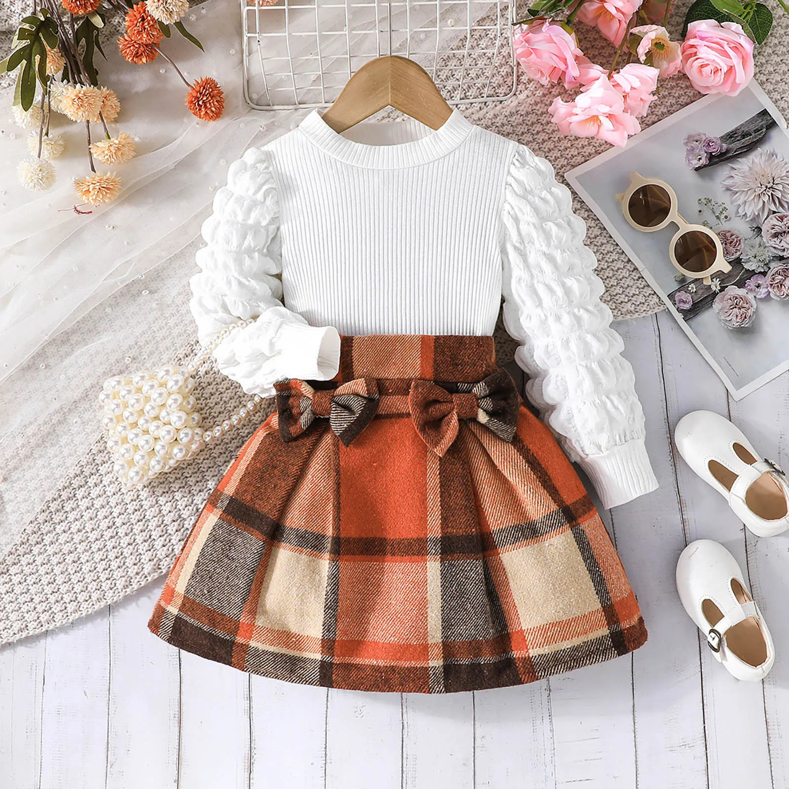 Toddler Baby Girls 2Pcs Fall Outfits Long Puff Sleeve Ribbed Knit Tops+ Plaid Skirt Set Children Baby Spring Clothes Sets 6M-4T