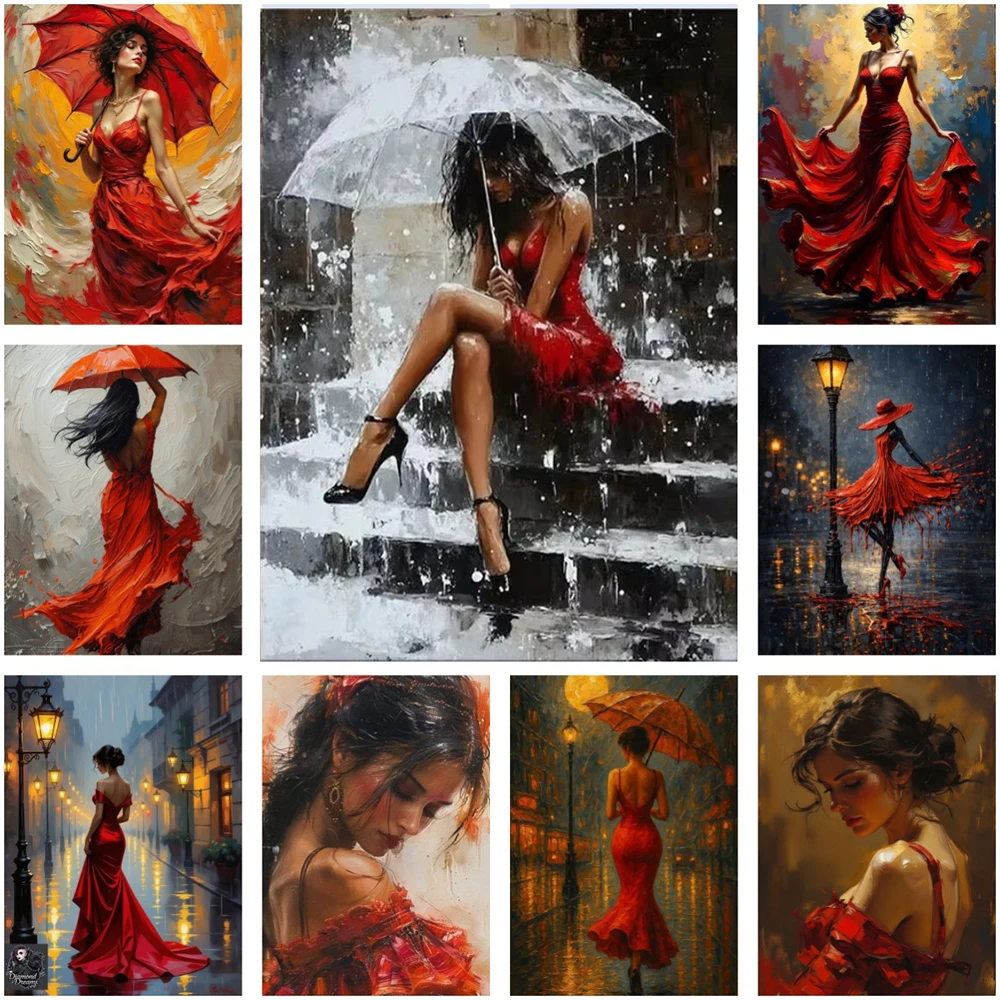 Woman in Red Dress Sat on The Steps Hold Umbrella Poster Print Animal Canvas Painting Wall Art Picture for LivingRoom Home De