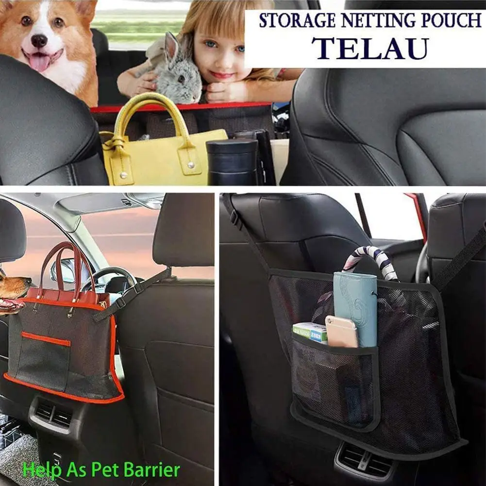 1pc Large Capacity Car Seat Net Pocket Handbag Purse Holder Bag Organizer Storage Pet Net Barrier Dog Pouch Between Back Seats