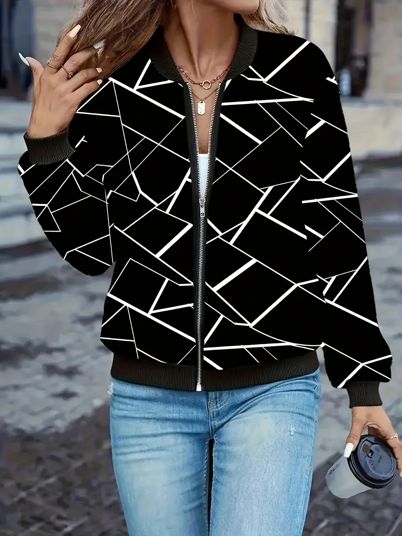 سترة بيسبول نسائية هندسية، تصميم طباعة كاجوال، ملابس ترفيهية للربيع والخريف، معاطف ملابس خارجية أنيقة للنساء #5