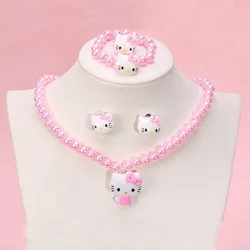 Cartoon SanrioHello Kitty Necklace Hairclips Ring Set Toy Kawaii Hellokitty Kid Hairpins Girl Heart Accessories Birthday Gifts