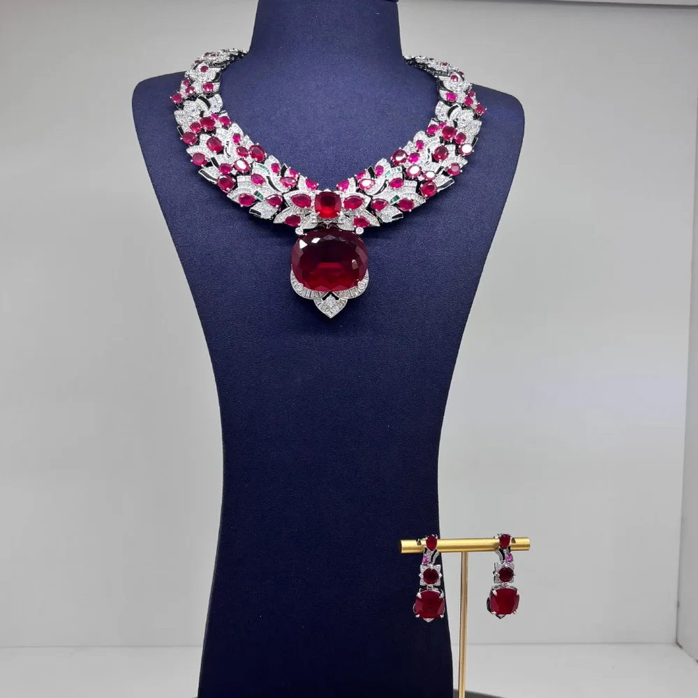 Designer Gorgeous Style Earrings Necklace Inlay Cubic Zircon Synthetic Ruby Black Enamel Party Jewelry Sets