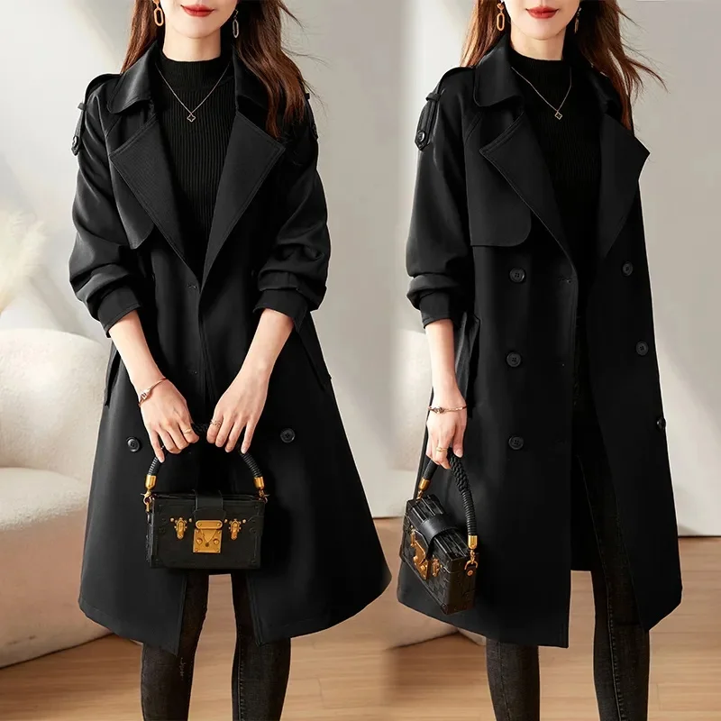 Femme Medium Long Styles Trench Jacket Spring Autumn Women High-grade Lined Outwear Korean Ladies Long Sleeves Windbreaker Coat