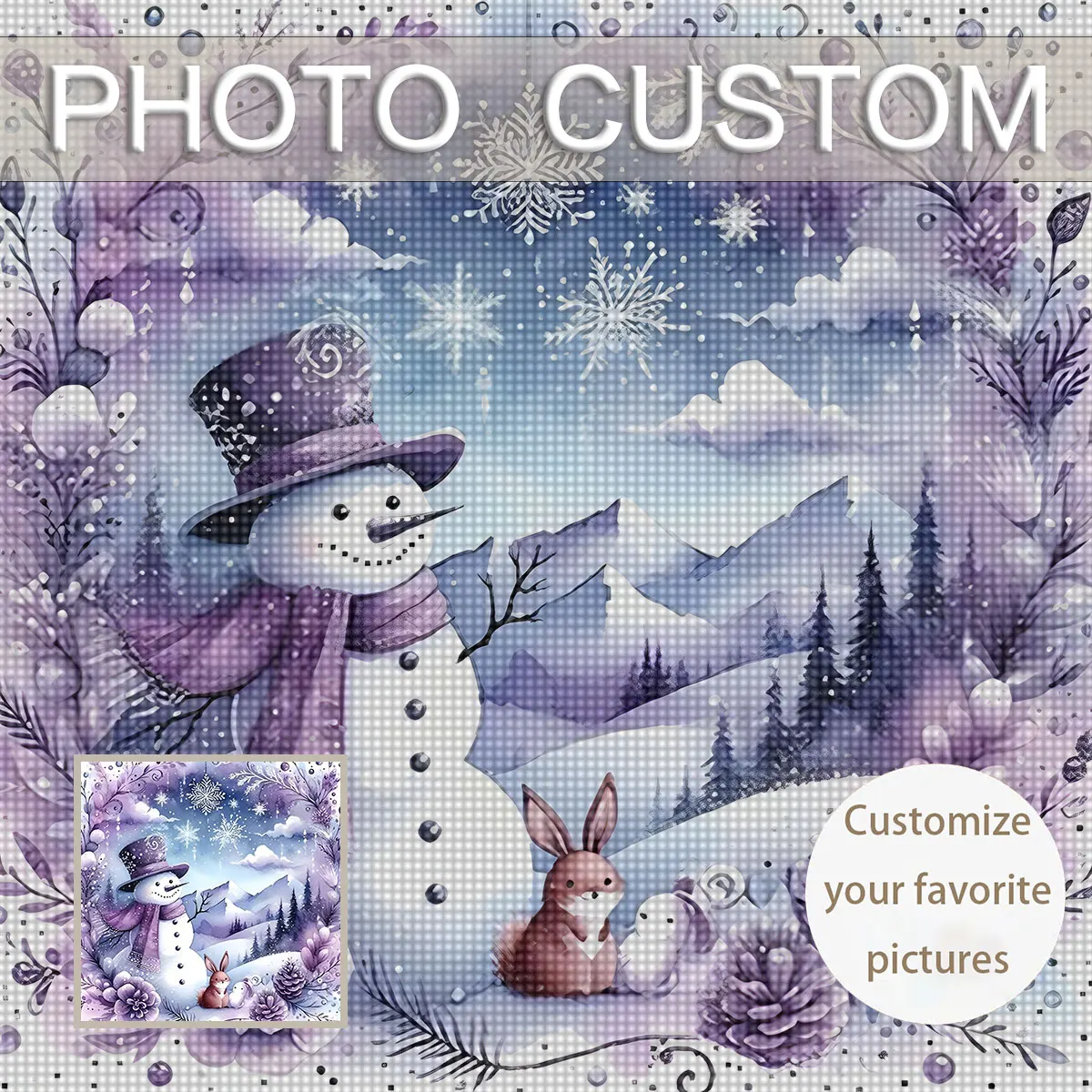 Custom Photo 5D Diamond Painting Kit - Purple Dreamy Snowscape Theme, Featuring a Snowman with a Hat, Rabbit, and Pinecone Flora
