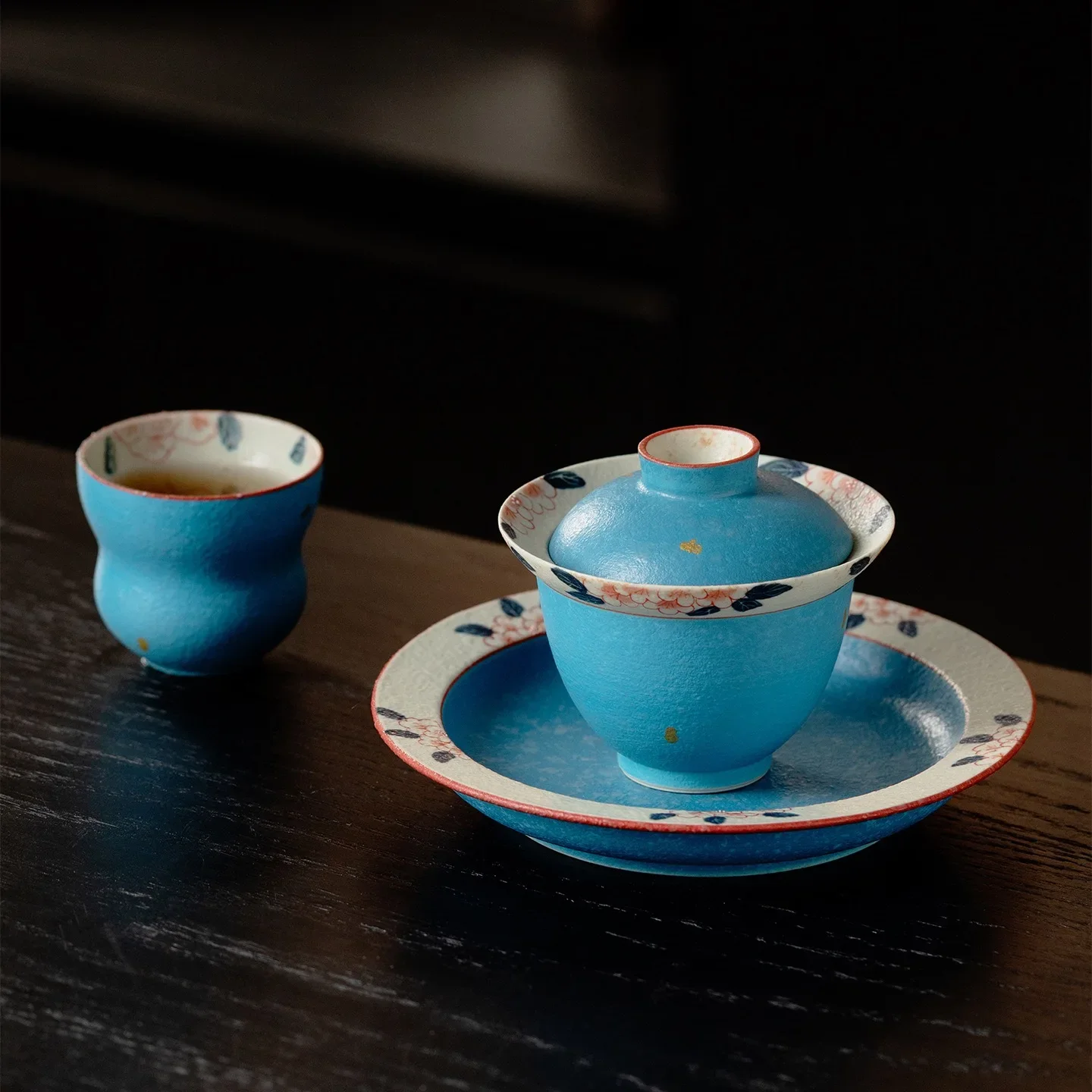 100ML Flint Red Rime Blue Hand-painted Danrui Flower Window Household Ceramic Cover Bowl Kung Fu Tea Cup Anti-scalding Tea Bowl