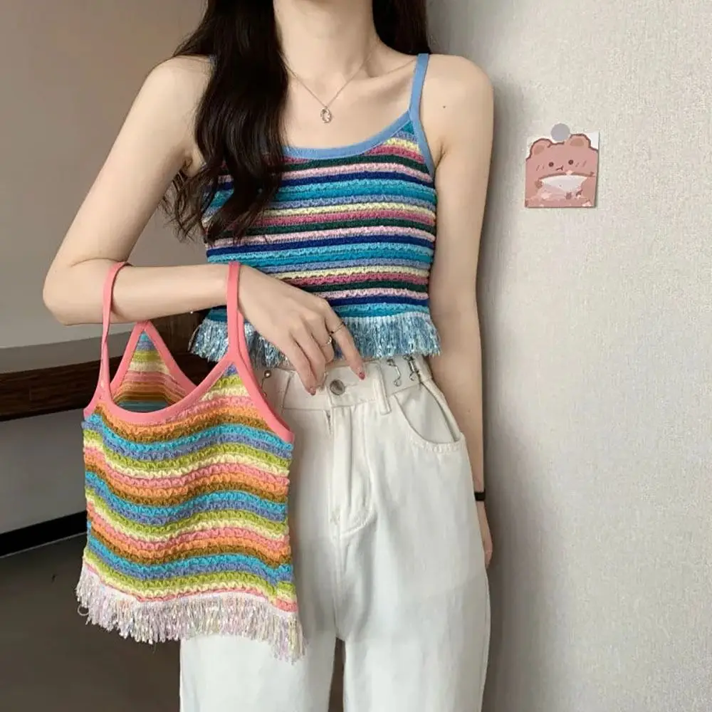 High-quality Colored Stripes Crop Tops Crochet Rainbow Tassel Knitted Camisoles Sleeveless Halter Tops