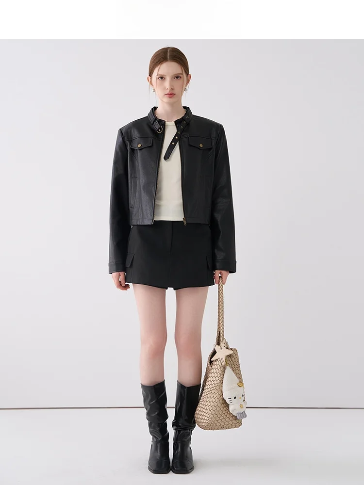 레트로 지우지우 모터사이클 스타일 가죽 재킷 여성용 2026년 봄 신상 지퍼 스트레이트 튜브 롱 슬리브 스탠드 칼라 코트