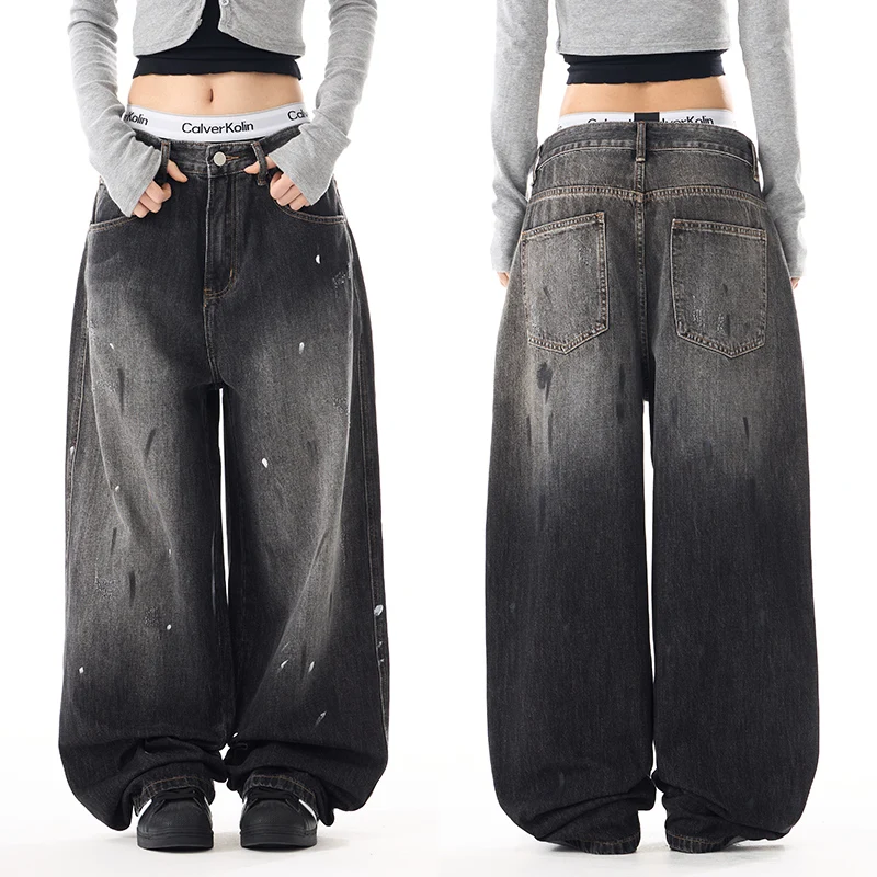 New Trendy Ink Splash Men Jeans Design Washed Faded Versatile Wide Leg Curved Knife Denim Jeans 2026 Spring Trend