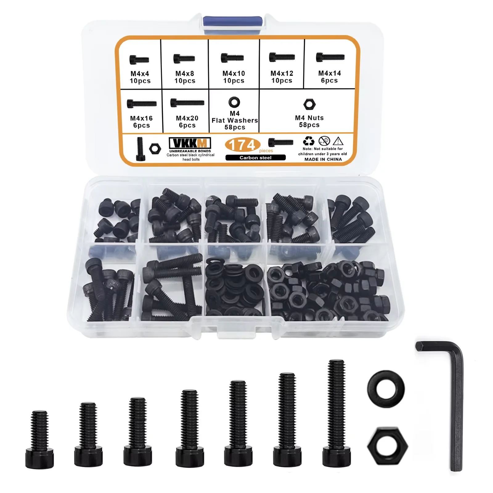 Black Cup Head Hexagon Bolt, M4 x 4/8/10/12/14/16/20mm Hexagon Head Screw Washer, Nut Set, Allen Sleeve Drive -174 Pieces