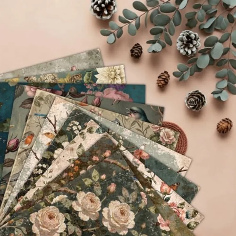 Vintage Bird Rose Scrapbook Paper, 24 Sheets 11.8 x 11.8 Inch Double Sided Decorative Craft Paper for Junk Journals, DIY Card M