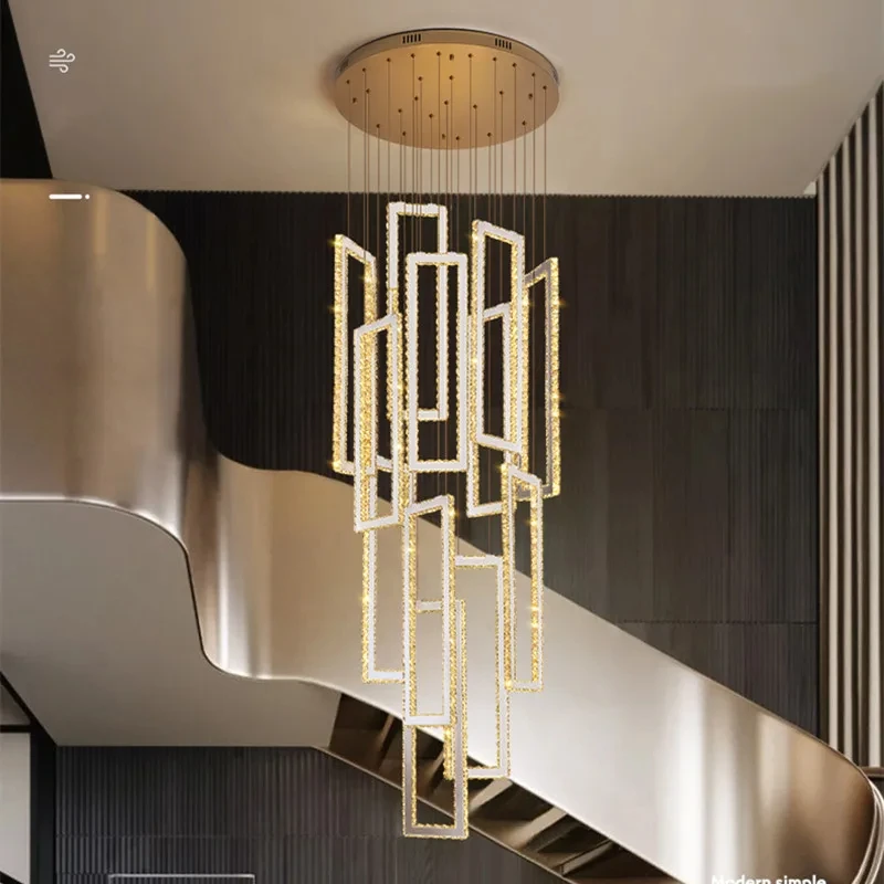 Luxury Stairs Lustre Lights Modern Crystal Led Pendant Lights Art Deco Indoor Lighting Lamp Steel Rectangle Hanging Lamp Fixture