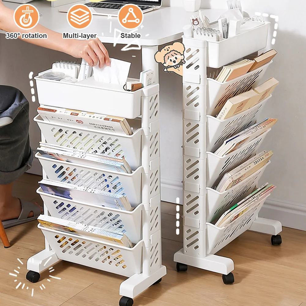 5/6 layers bookshelves with wheels Study Home Storage Shelf Movable Bookshelf Multifunctional Standing Shelf Table Side Basket