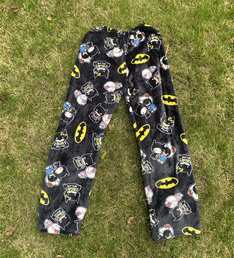 New Sanrio Y2k Style Autumn Hello Kitty Batman Pajama Pants Cartoon Hip Hop Lady Warm Casual Plush Flannel Cute Pants Xmas Gift