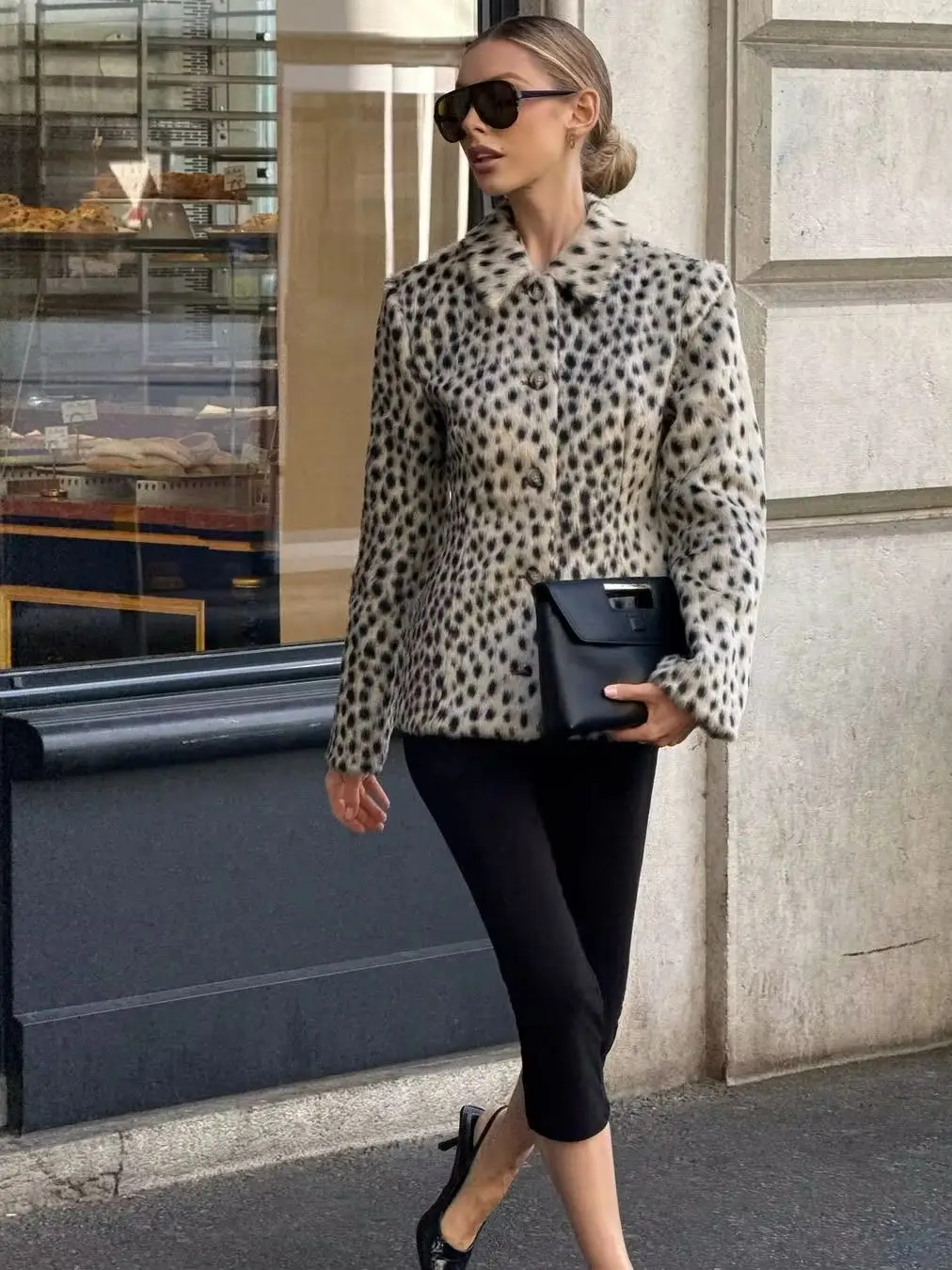 Women Leopard Print Short Furry Jacket Lapel Collar Button Slim Waist Stylish Coat 2026 Autumn Winter Street Lady Outerwears