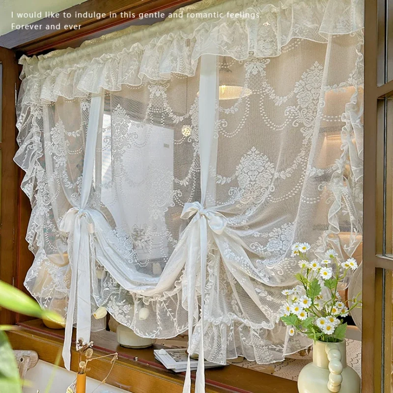 

Roman Lifting Gauze Curtain without Punching Partition Half Curtain, Romantic Lace, French, Pastoral, White, Custom