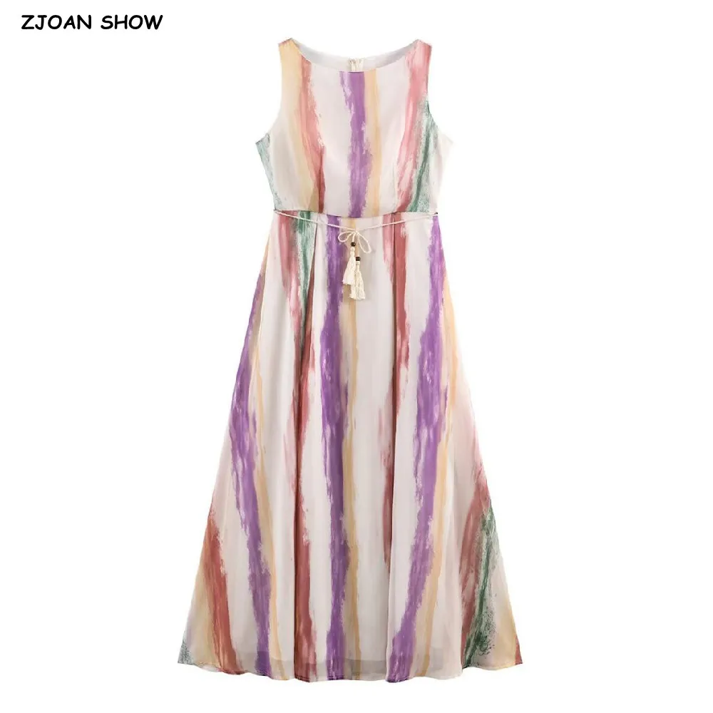 

Винтажное женское платье без рукавов с эффектом тай-дай, на шнуровке, с завязками-бантами, расклешенное, А-силуэт, миди, длинное, праздничное платье-рубашка