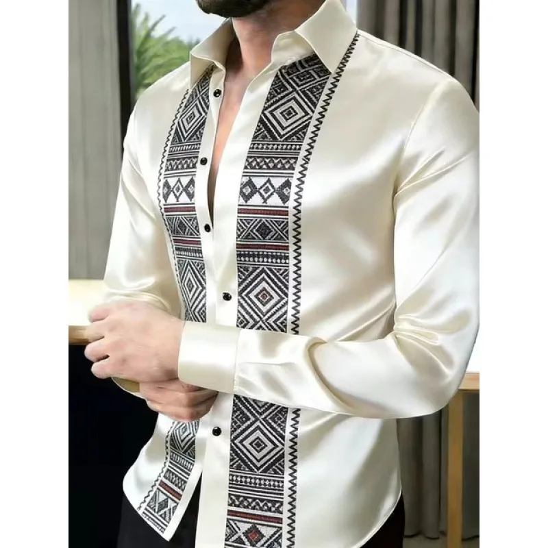 Men Firework Star Print Satin Shirt Glossy Long Sleeve Button Up Party Shirt