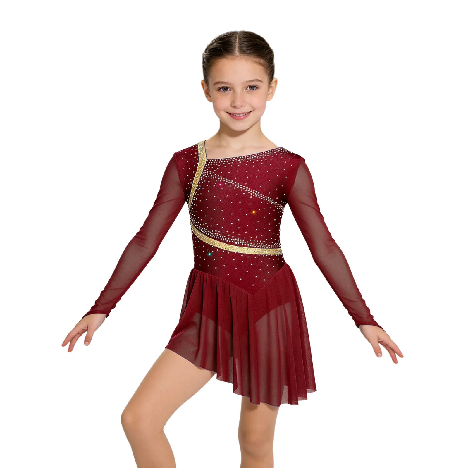 

Детский костюм для фигурного катания и лирического танца для девочек, сетчатое платье с длинными рукавами, блестящими стразами, гимнастический балетный купальник