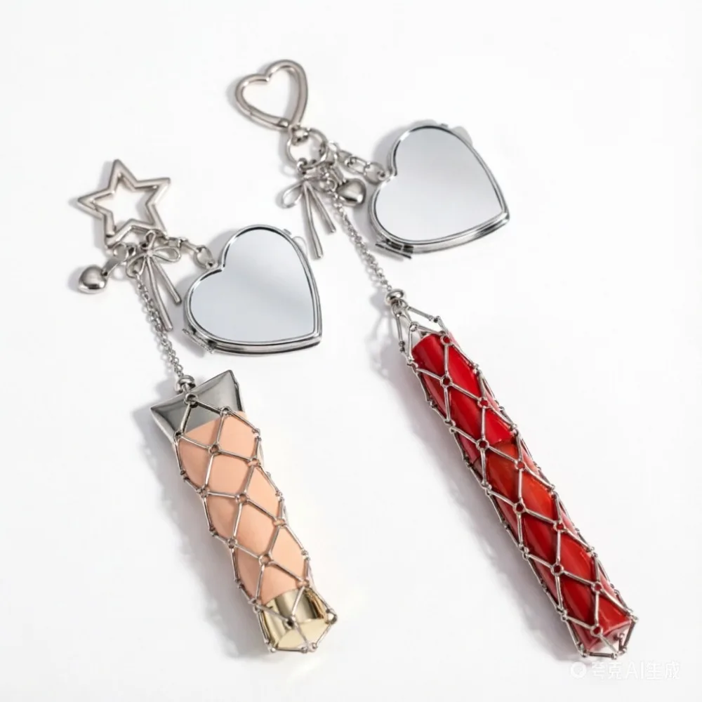 

Metal Stainless Steel Mesh Bag Lipstick Holder DIY Bag Pendant Popular Silver Heart Star Chain Hanging Fashionable Decorative
