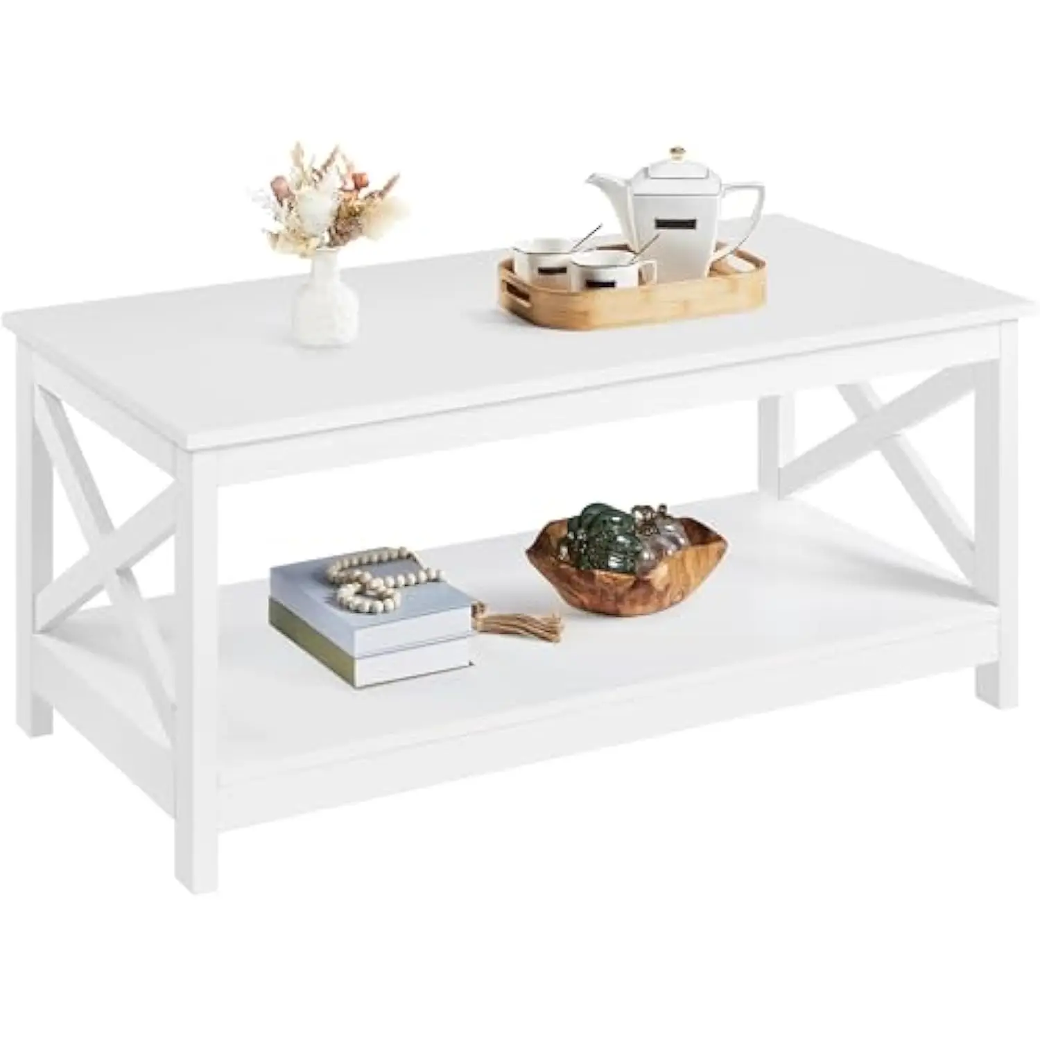 

Wood 2-Tier White Coffee Table with Storage Shelf for Living Room, X Design Accent Cocktail Table, Simple Design Home Furnitur
