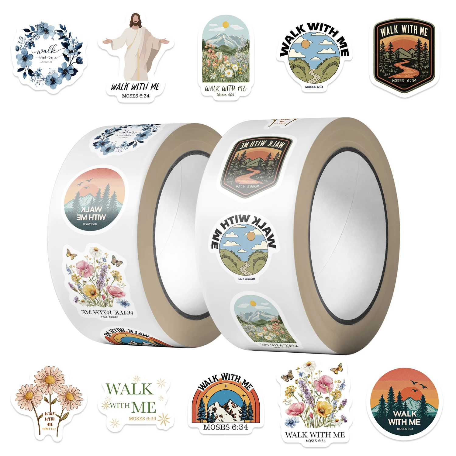 500PCS/Roll JESUS Walk with Me Roll Stickers Decorative DIY Phone Cases Water Cup Guitars Creative Waterproof Gift Decal