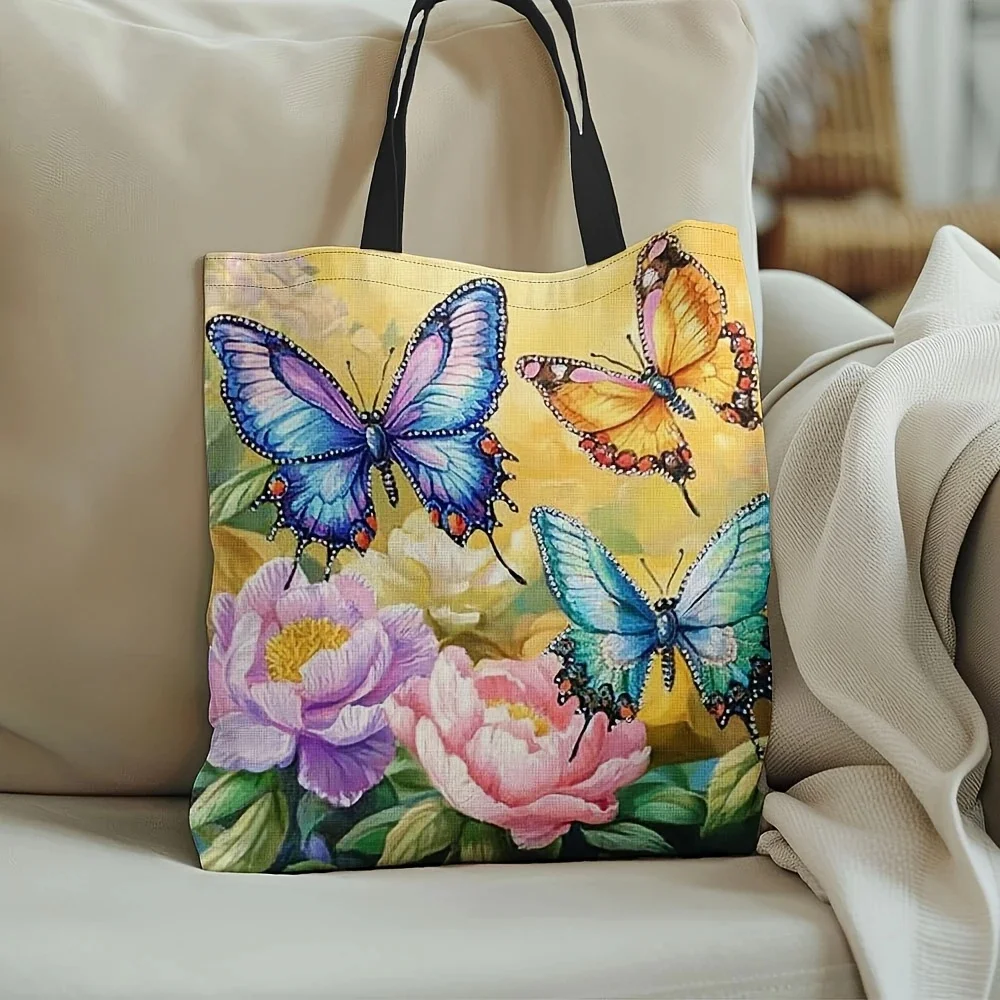 1pc Stylish Floral Butterfly Print Tote Bag – Vibrant Polyester Shoulder Bag for Shopping, Groceries & Everyday Use