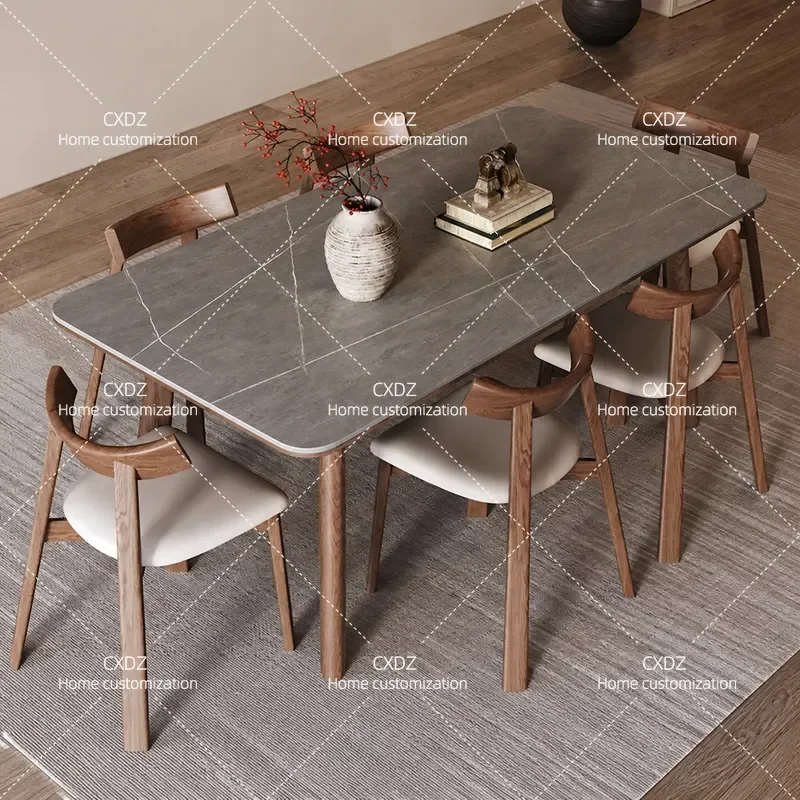 Rock Slab Dining Table and Chair Set Rectangular Solid Wood Walnut Color Small Apartment Household Furniture 2025