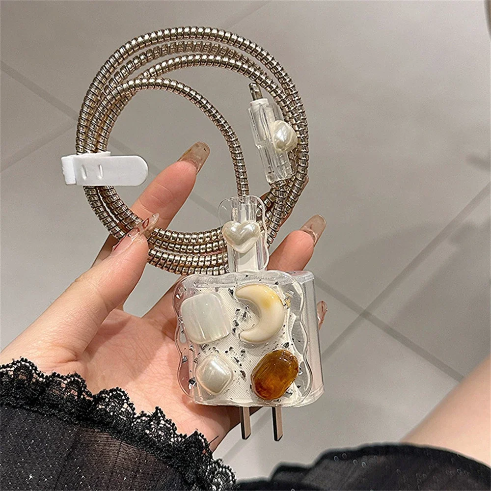 Y2K 3D Silver Moon Amber Glitter USB Cable Protector Cover for IPhone 15 14 18W-20W Data Line Head Cord Fast Charging Case