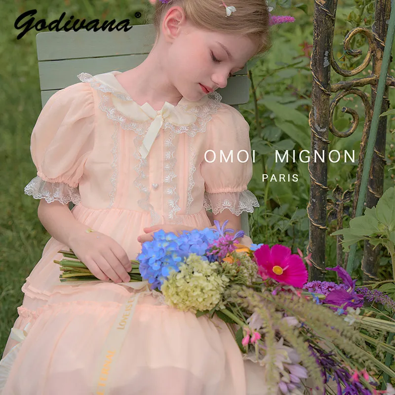 Original French High End Elegant Baby Girls Summer New Orange Lolita Princess Dress Kids Doll Collar Lace Trim Bow Mesh Dress