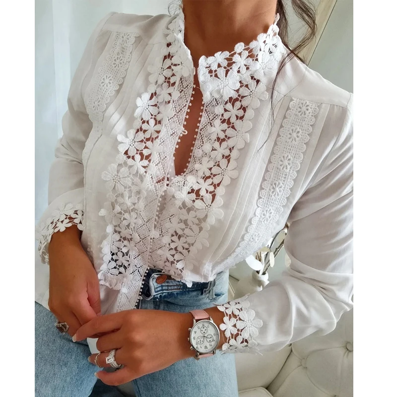 Dentelle blanche Patchwork Floral longue Sve irt femmes trajet Sle coupe droite bulle Sve bouton fermeture longueur classique
