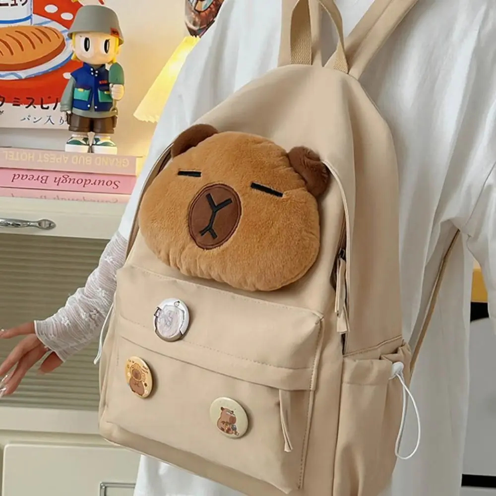 

Large Capacity Capybara Backpack Adjustable Shoulder Straps Nylon Cartoon School Bag Multi-pocket Water Resistant