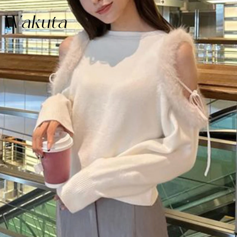 WAKUTA Japanese Spring/Autumn Retro Round Neck Off Shoulder Splicing Hairy Sleeves Knitte Shirt Strap Slim Fit Knitted Pullovers