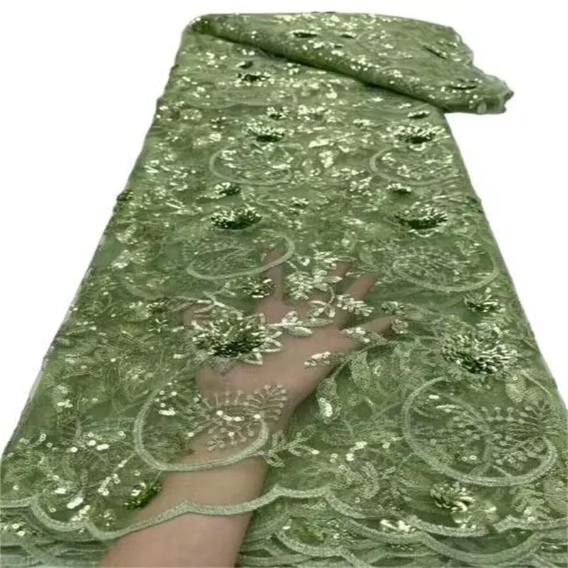 

Latest Embroidery African Lace Fabric Green 5 Yards High Quality Nigerian Women Wedding 3D Sequins French Tulle Lace Material