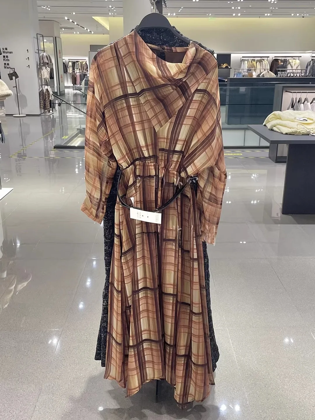 

Winter New Fashion Long Sleeve Midi Dress Women's Elegant Plaid Neckline Draping A-Line Skirt Style Casual High Collar Dress