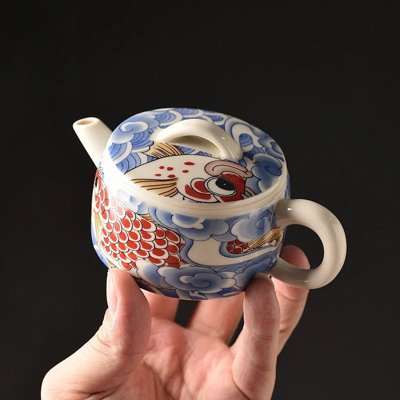 Blue and white arowana teapot, national style Han tile pot, single pot, high-end tea making, Kung Fu tea set, retro applique pot
