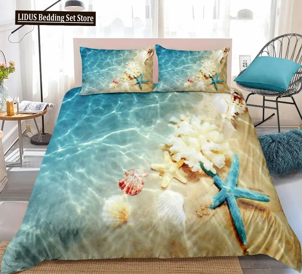 

Ocean Bedding Set Coast Beach Duvet Cover Set Blue Starfish Bed Set Boys Teen Shell Home Textiles Summer Bedspread Quilt Cover