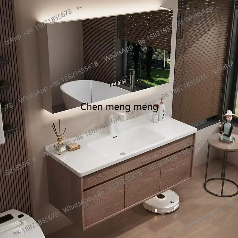 F150 Walnut-colored ceramic integrated basin, bathroom cabinet combination, sink storage mirror, multi-functional intelligence